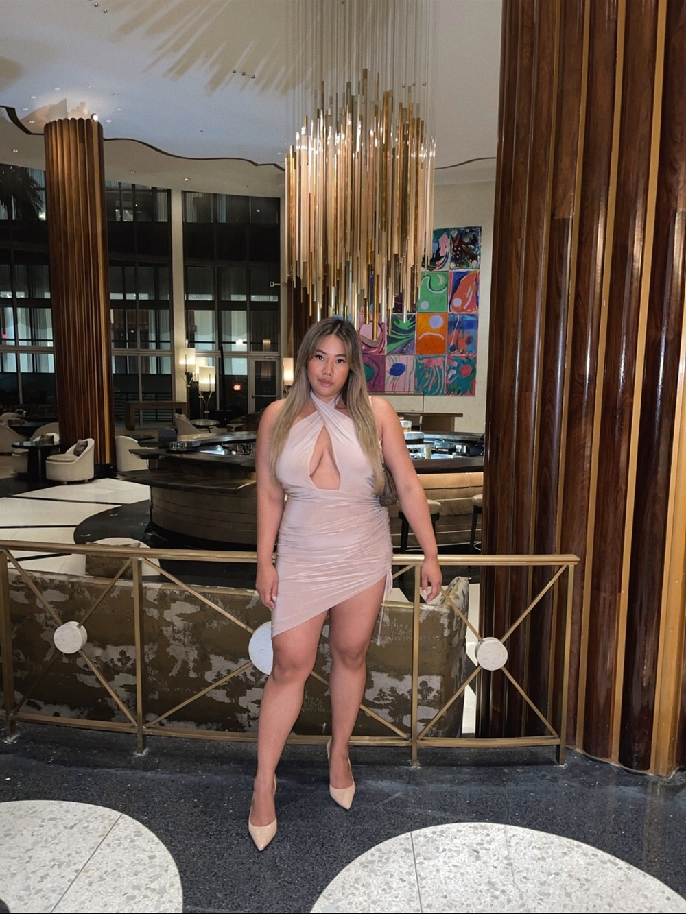 Nude Pink Halter Cutout Ruched Mini Dress